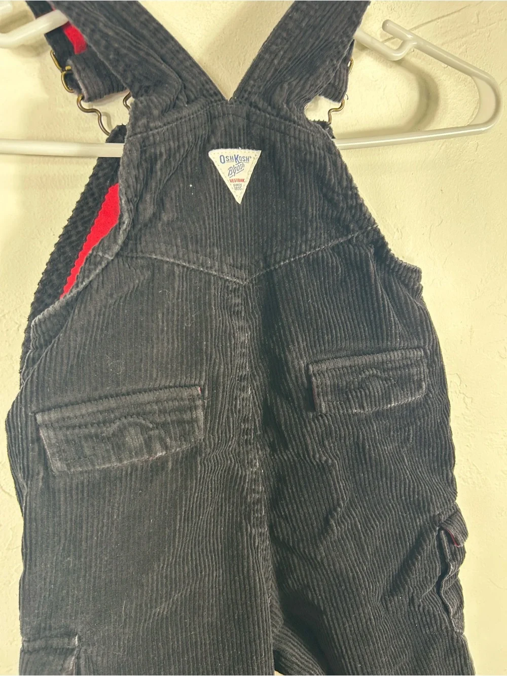 VTG OshKosh B'gosh Black Corduroy Overalls Red Lined Cargo Pockets 24M